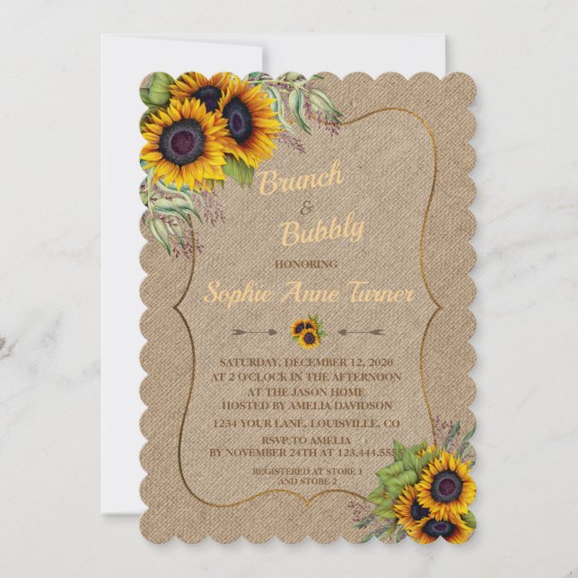 Invitación Moda Acuarela Sunflowers Burlap Brunch & Bubbly (Anverso)