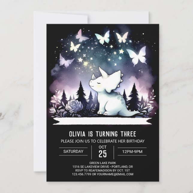 Invitación Moda acuarela Triceratops Cumpleaños (Anverso)