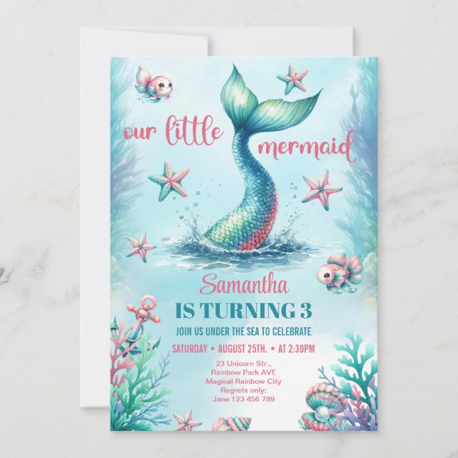 Invitación Moda acuarela turquesa cola de sirena cumpleaños (Anverso)