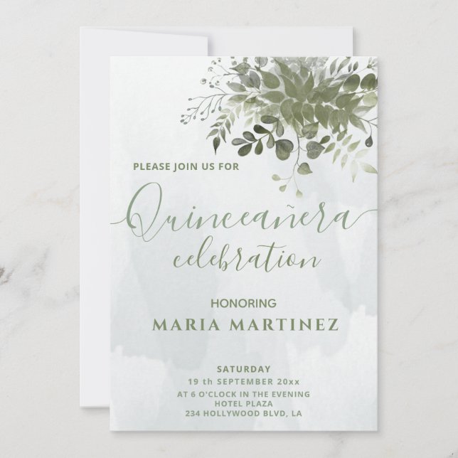 Invitación Moda acuarela vegetación eucalipto Quinceañera (Anverso)