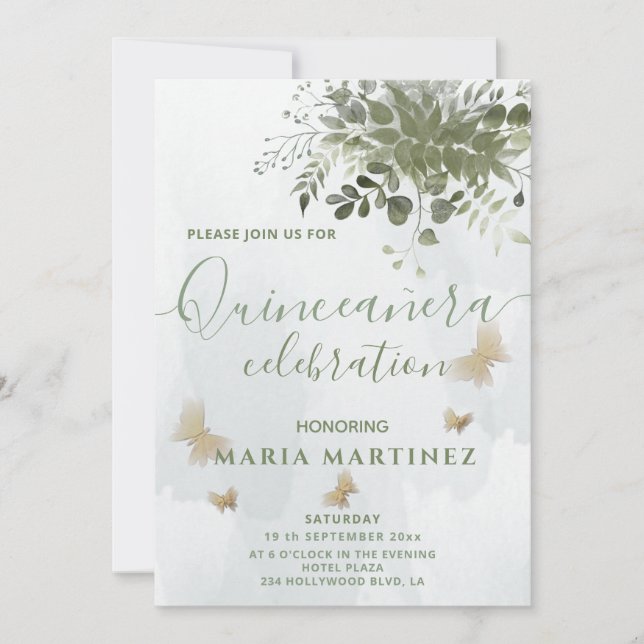 Invitación Moda acuarela vegetación eucalipto Quinceañera (Anverso)