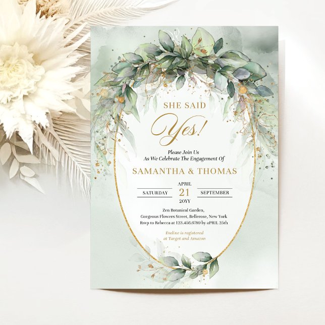 Invitación Moda acuarela vegetación y oro Compromiso (Watercolor eucalyptus engagement invitation digital)