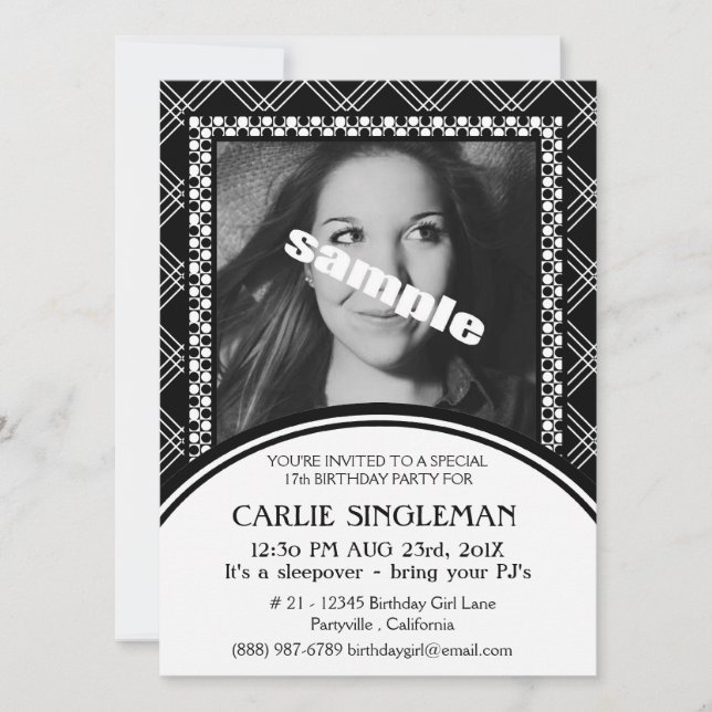 Invitación Moda Adolescente Blanco Negro Entre Fiesta de Cump (Anverso)