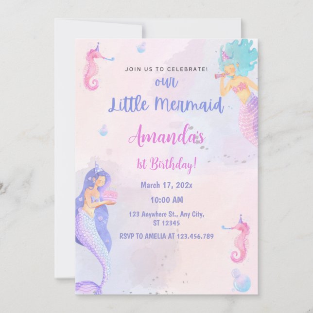 Invitación Moda Adorable Sirena Primer Cumpleaños (Anverso)