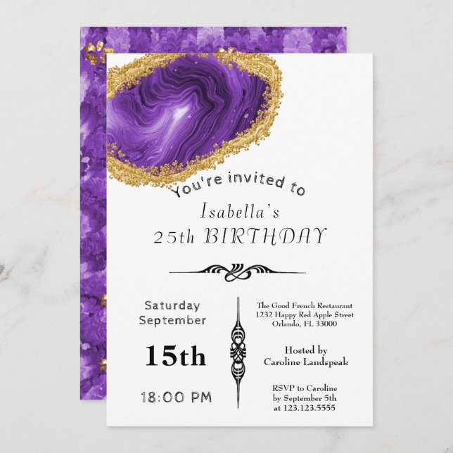 Invitación Moda Agate Oro morado dorado por cumpleaños (Anverso / Reverso)