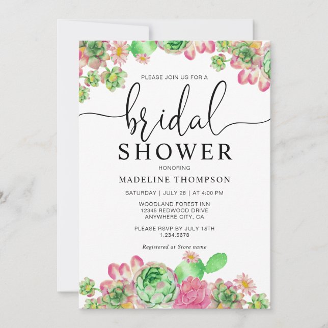 Invitación Moda Agua Suculenta Cactus Bridal Shower (Anverso)