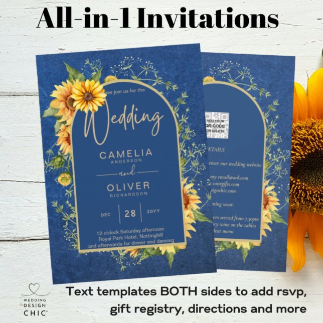 Invitación Moda All-in1 Rústico Sunflowers Boda AZUL Amarillo (Subido por el creador)