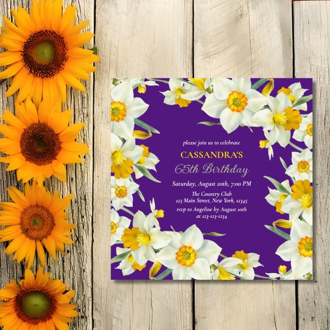 Invitación Moda Amarillo Blanco Daffodil Floral Purple Cumple (Subido por el creador)
