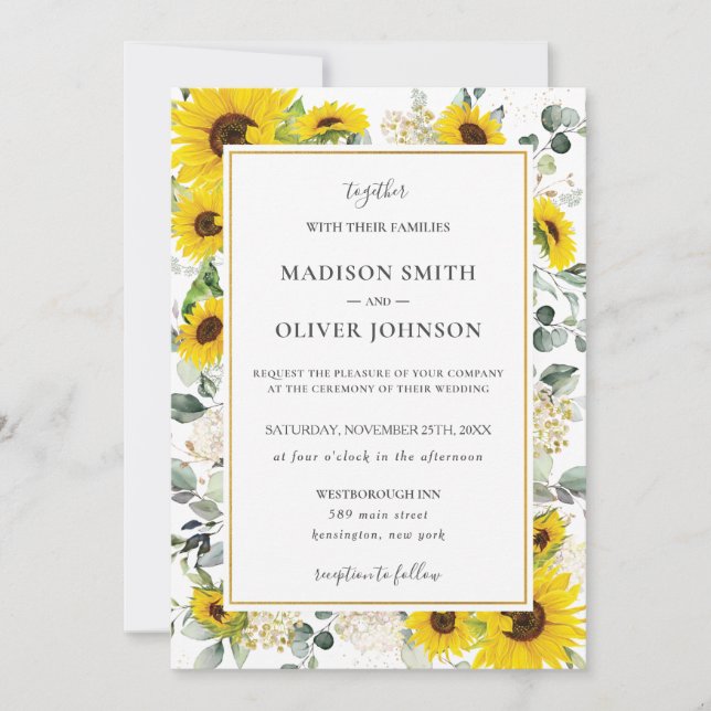 Invitación Moda Amarillo Girasol Floral Boda del marco dorado (Anverso)