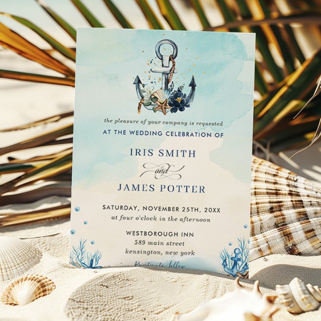Invitación Moda Anchor Náutico Playa Boda moderno (nautical anchor beach destination wedding printed invitation cards blue ocean sand seashore)