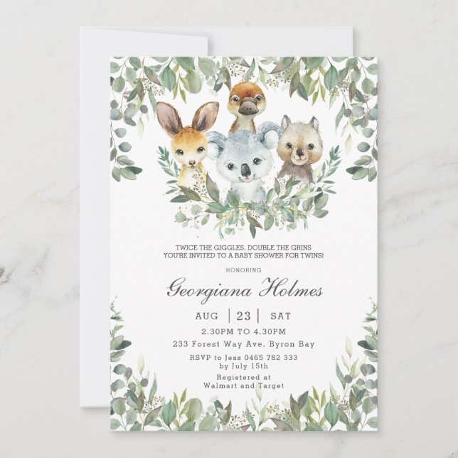 Invitación Moda Animales australianos Gemelos verdes Baby Sho (Anverso)