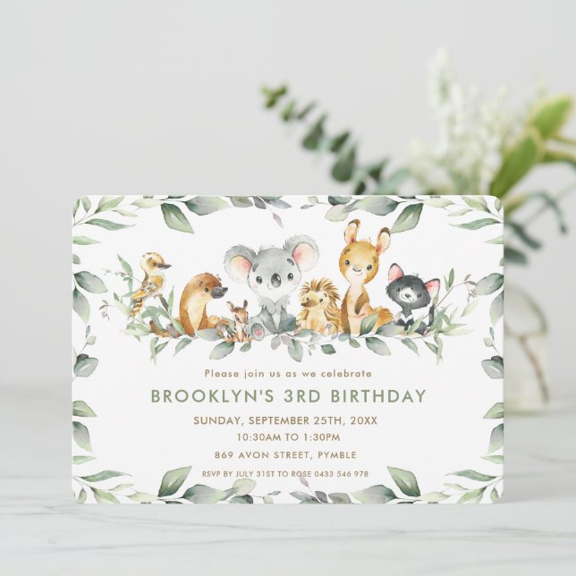 Invitación Moda Animales australianos verde Chica de cumpleañ (Anverso de pie)