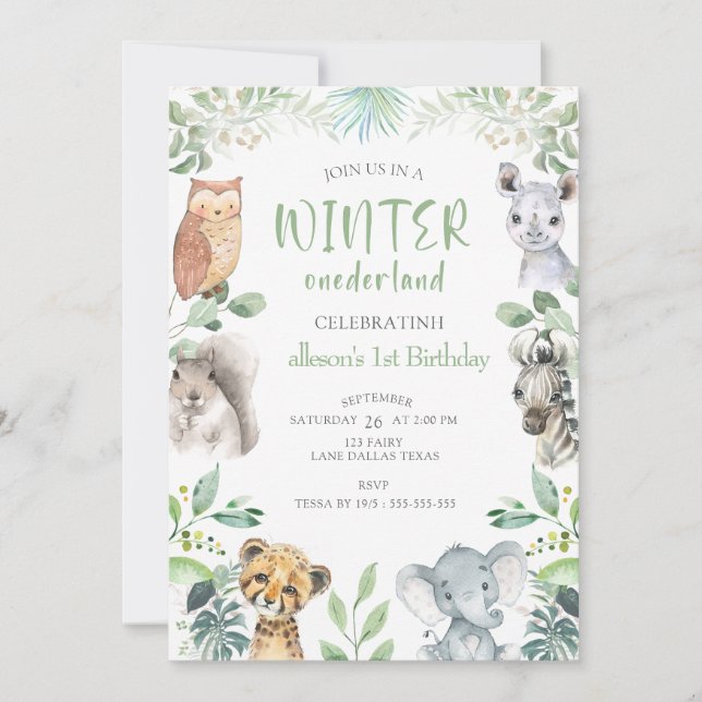 Invitación Moda Animales de Invierno de Onederland Primer cum