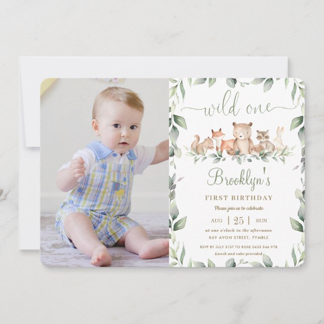Invitación Moda Animales de Woodland 1er cumpleaños Wild One  (Anverso)