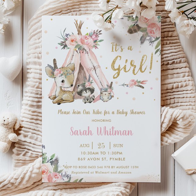 Invitación Moda Animales de Woodland Boho Chica Tribal Baby S (blush-floral-boho-tribal-woodland-animals-deer-owl-raccoon-girl-baby-shower-invitation-cards-prints)