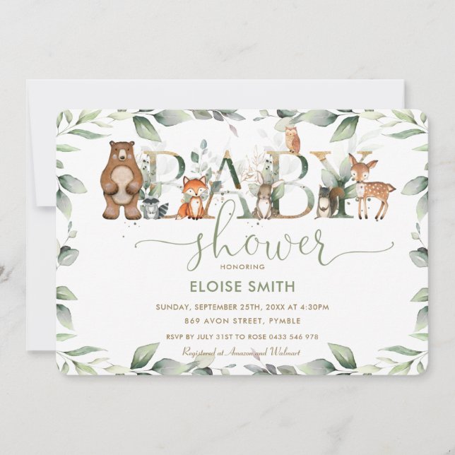 Invitación Moda Animales de Woodland Greenery Baby Shower Neu (Anverso)