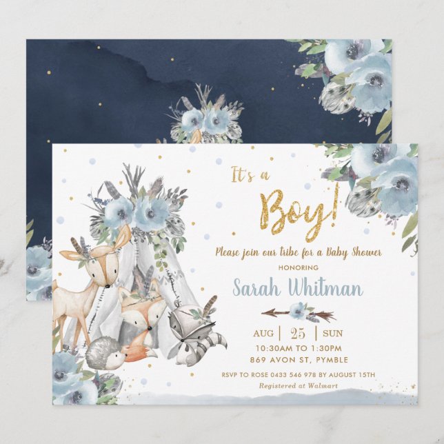 Invitación Moda Animales Woodland Boho Boy Tribal Baby Shower (Anverso / Reverso)