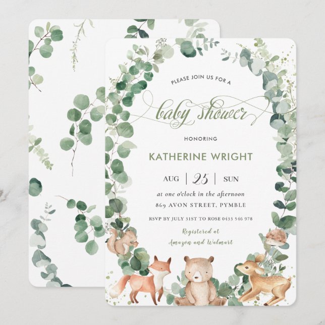 Invitación Moda Animales Woodland Greenery Neutral Baby Showe (Anverso / Reverso)