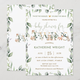 Invitación Moda Animales Woodland Twins verdes Baby Shower