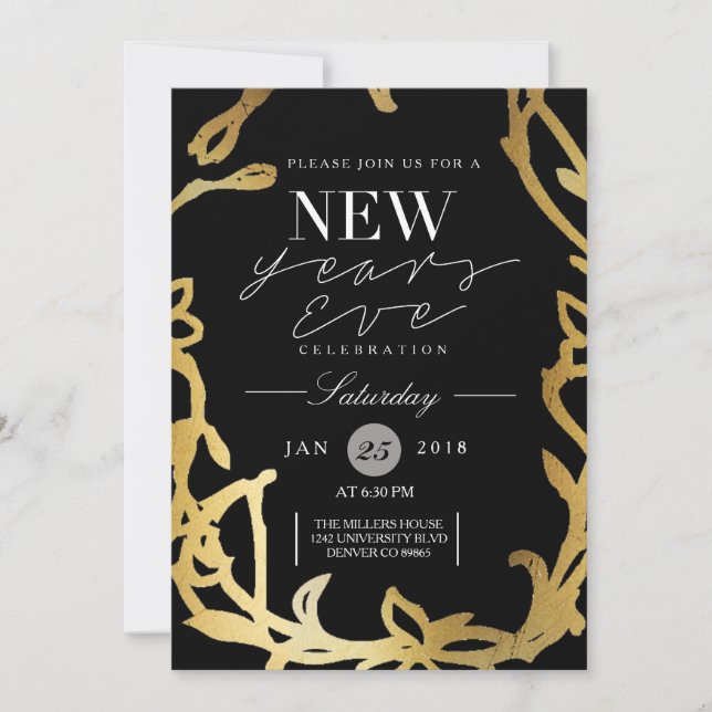 Invitación Moda Año Nuevo Eve Fiesta | Floral de oro (Anverso)