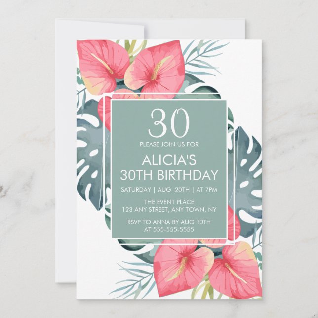 Invitación Moda Anturio Tropical y Cumpleaños de Monstera (Anverso)