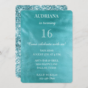 Invitación Moda Aqua Turquoise Blue Glam Cumpleaños