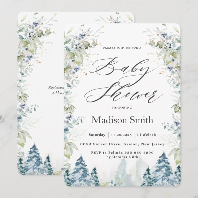 Invitación Moda Árboles alpinos invernales Baby Shower Neutra (Anverso / Reverso)