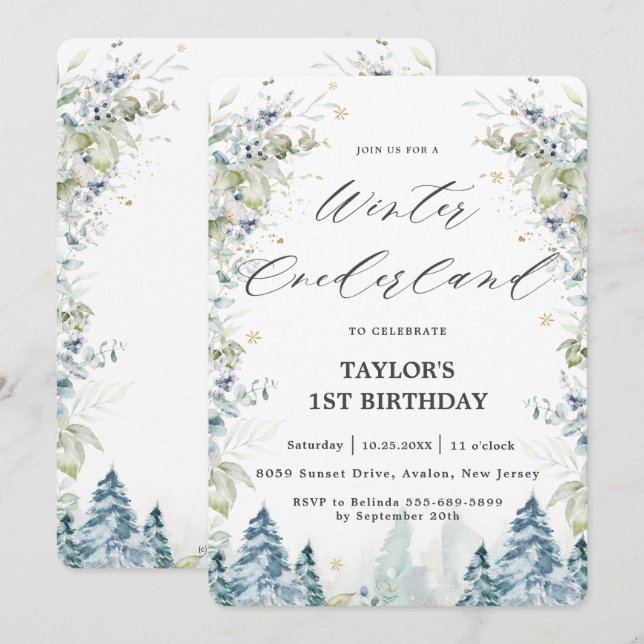 Invitación Moda Árboles alpinos Invierno de Onederland Primer (Anverso / Reverso)