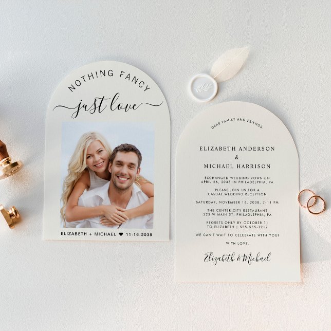 Invitación Moda Arch Foto Crema Boda Recepción (Celebrate your love story with a chic arch-shaped elopement announcement and reception invitation)