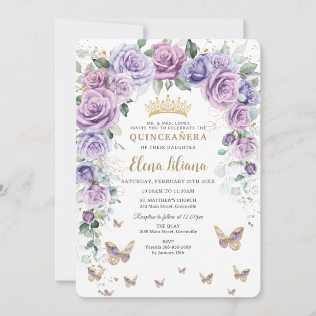 Invitación Moda Arco floral Purple Lilac Lavender Quinceañera (Anverso)