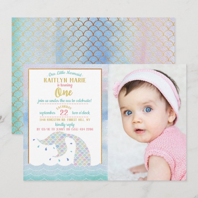 Invitación Moda Arcoiris Acuarela Sirena Primera Fotos de Cum (Anverso / Reverso)