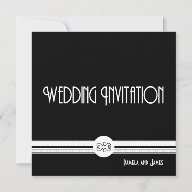 Invitación Moda Art Deco Noir Boda formal blanco y negro (Anverso)
