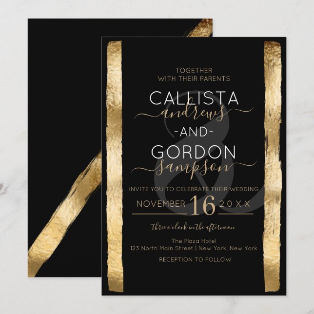 Invitación Moda Artsy Boda de marco de pincel de oro negro (Anverso / Reverso)
