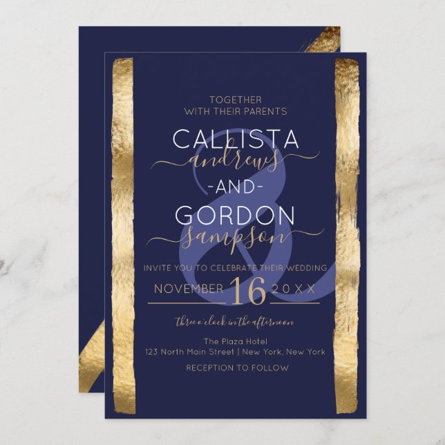 Invitación Moda Artsy Navy Boda de marco de pincel de oro (Anverso / Reverso)