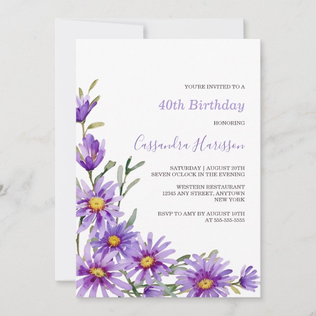 Invitación Moda Aster Morado Cumpleaños Floral (Anverso)