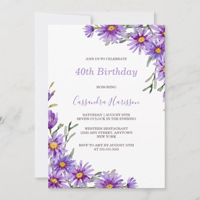 Invitación Moda Aster Púrpura Aster Floral Cumpleaños Botánic (Anverso)