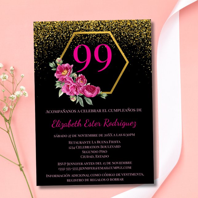 Invitación Moda audaz española Oro negro y rosa 99º cumpleaño (Subido por el creador)
