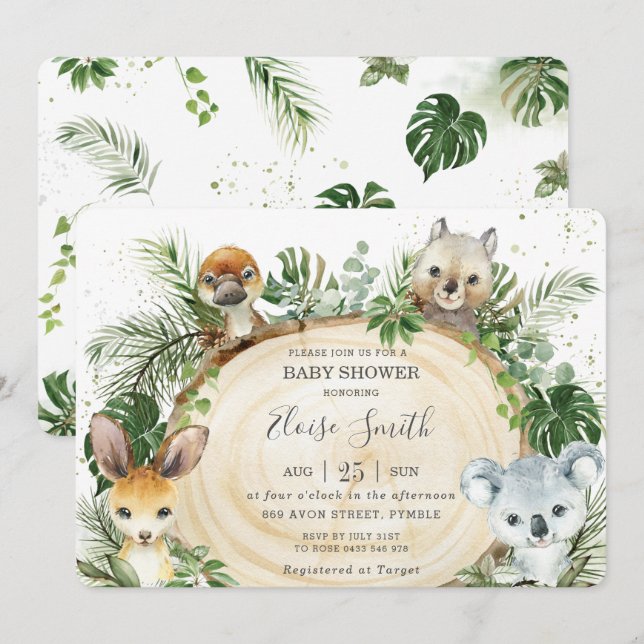 Invitación Moda Australia Animales Wood Greenery Baby Shower  (Anverso / Reverso)