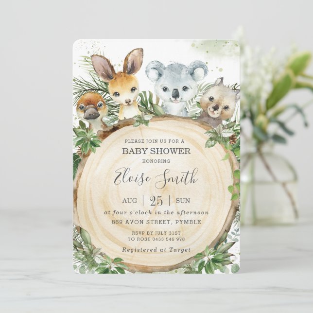 Invitación Moda Australia Animales Wood Greenery Baby Shower  (Anverso de pie)