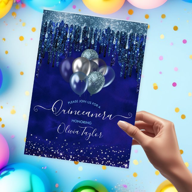 Invitación Moda azul aqua gotea globos purpurinas Quinceanera (Subido por el creador)