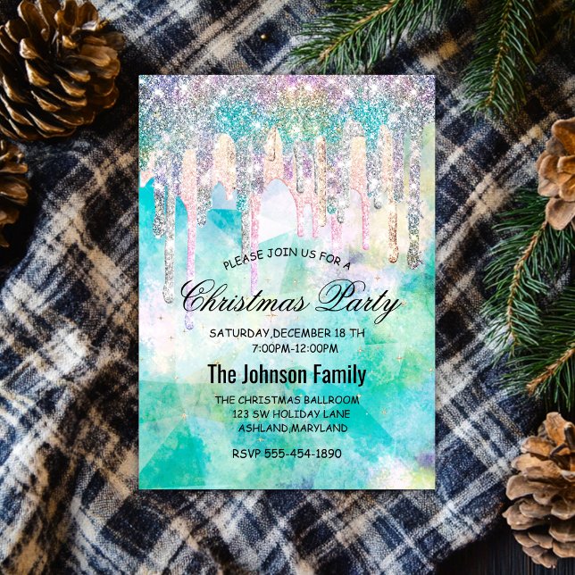 Invitación Moda azul aqua unicornio gotea Navidades purpurina (Subido por el creador)