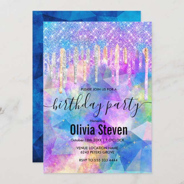 Invitación Moda azul aqua unicornio purpurina de goteo monogr (Anverso / Reverso)