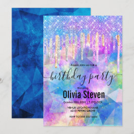 Invitación Moda azul aqua unicornio purpurina de goteo monogr