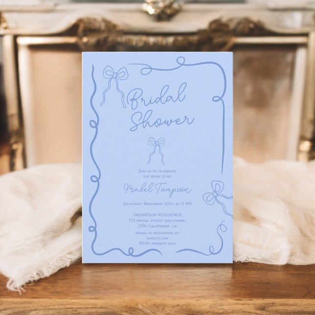 Invitación Moda azul arcos cintas ilustraciones Ducha de novi (Chic blue bows ribbons illustrations Bridal shower Invitation)