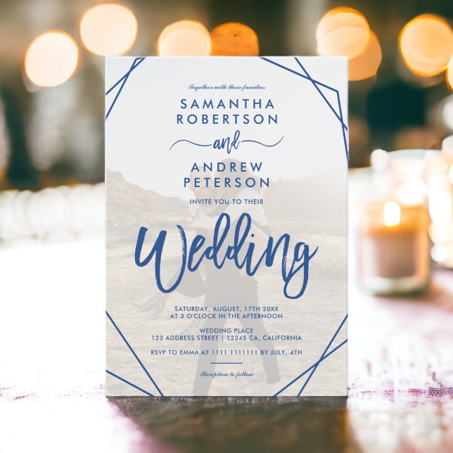 Invitación Moda azul boho frame simple boda de guión de foto (Chic blue boho frame simple photo script wedding invitation)