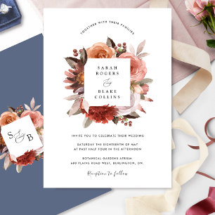 Invitación Moda azul, borgoña Rubor y Boda floral rosa