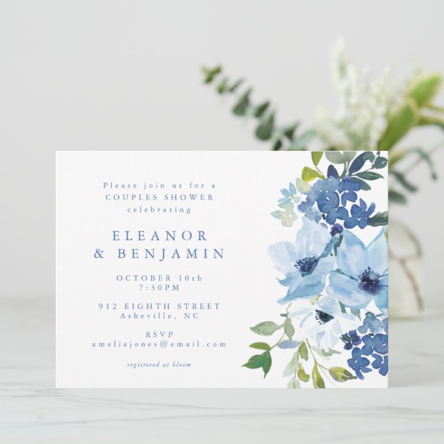 Invitación Moda Azul claro acuarela Floral Parejas Ducha (Anverso de pie)