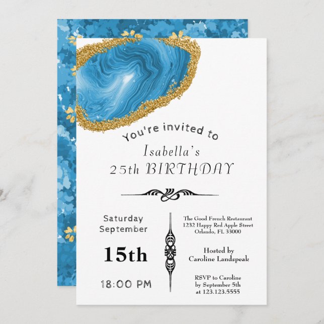 Invitación Moda Azul claro Agate Oro dorado por cumpleaños (Anverso / Reverso)