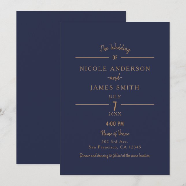 Invitación Moda azul de la marina de oro Boda clásico mínimo  (Anverso / Reverso)