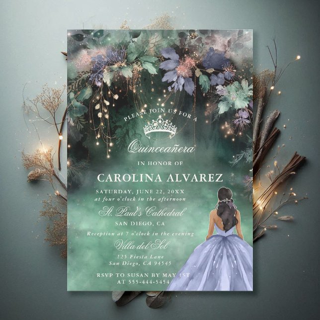 Invitación Moda azul de perwinkle forestal encantada Quincean (enchanted forest quinceanera invitation watercolor princess dress periwinkle emerald green)
